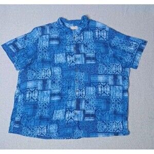 Oakhill Short Sleeve Button Up Mens 4XLT Blue Patchwork Tie Dye Abstract Retro
